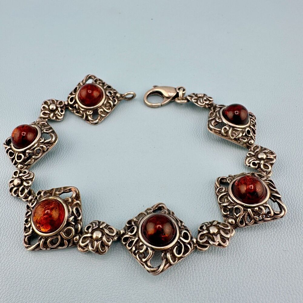 Vintage Sterling Silver Amber Bracelet Diamond Shape Filigree Floral Link Signed - Picture 3 of 16